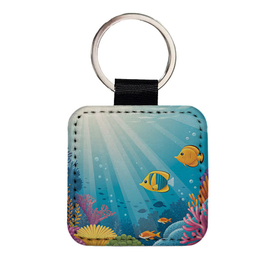 Colorful Fish Coral Light Rays Tropical Ocean Square Faux Leather Keychain
