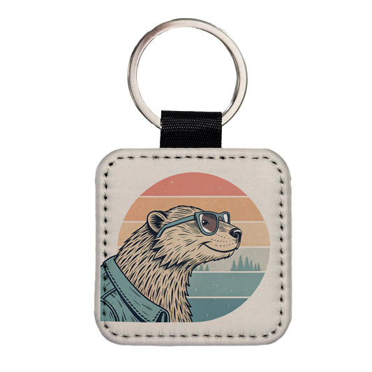 Cool Beaver Wearing Glasses Retro Illustration Square Faux Leather Keychain