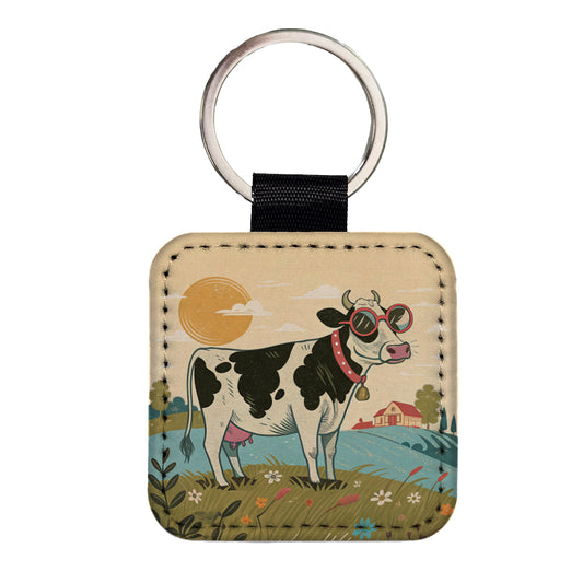 Cool Cow Wearing Sunglasses Retro Illustration Square Faux Leather Keychain