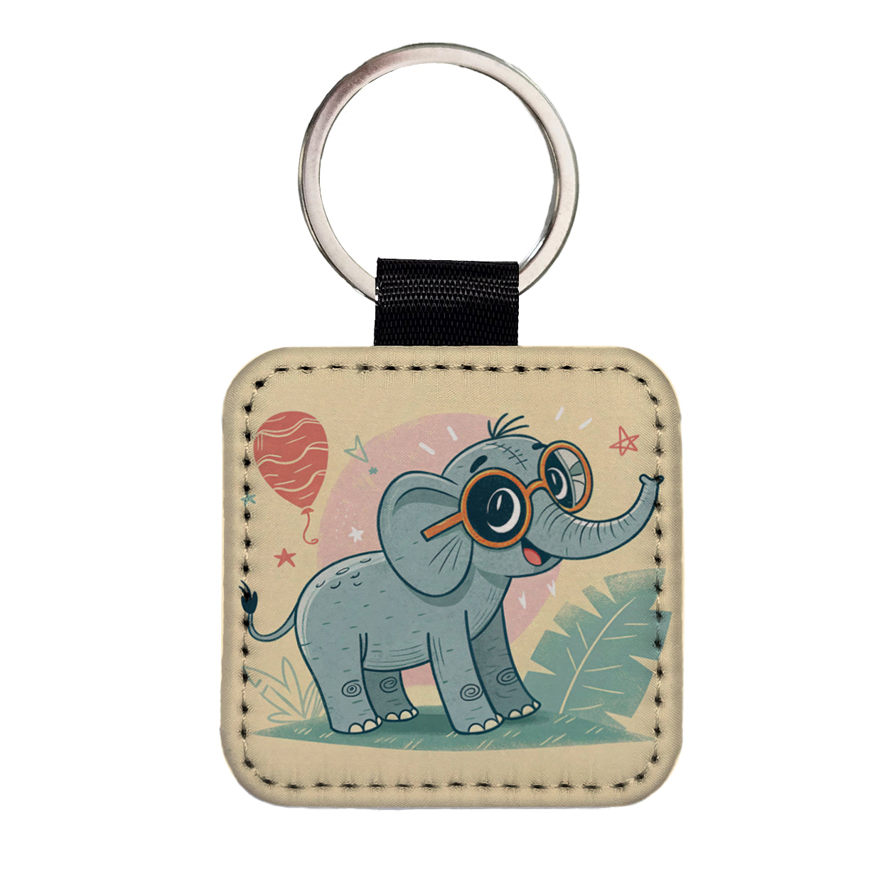 Cool Elephant Wearing Glasses Cute Square Faux Leather Keychain
