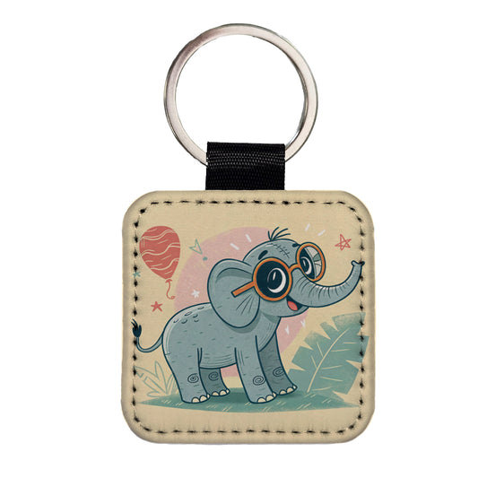 Cool Elephant Wearing Glasses Cute Square Faux Leather Keychain