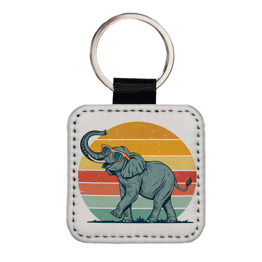 Cool Elephant Wearing Sunglasses Retro Illustration Square Faux Leather Keychain