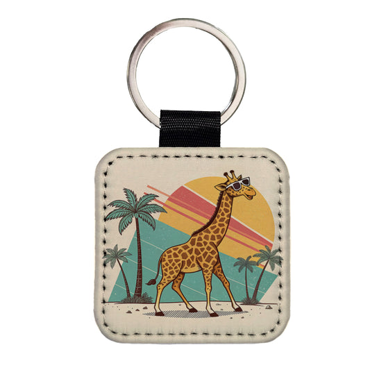 Cool Giraffe Wearing Sunglasses Retro Cute Square Faux Leather Keychain