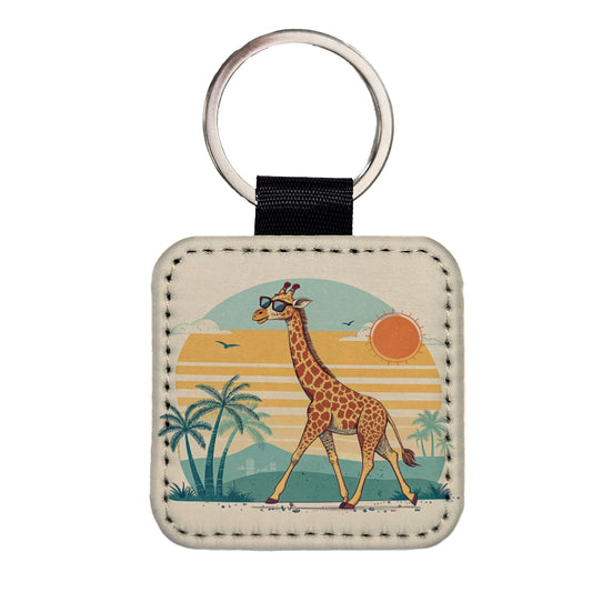 Cool Giraffe Wearing Sunglasses Retro Illustration Sun Square Faux Leather Keychain