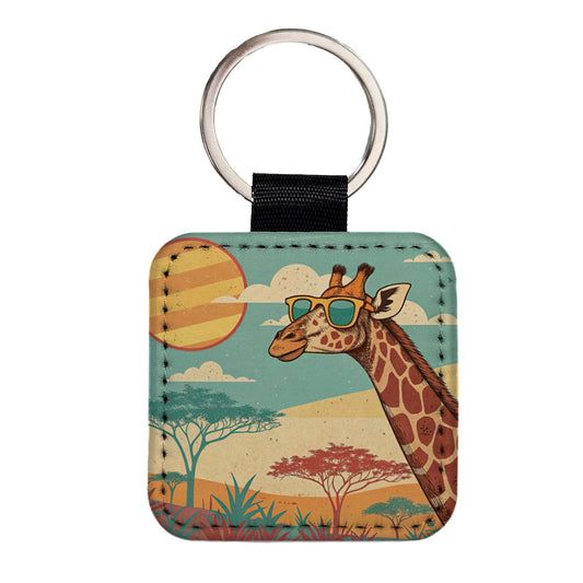 Cool Giraffe Wearing Sunglasses Retro Illustration Square Faux Leather Keychain