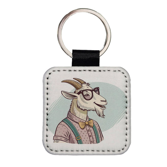 Cool Goat Wearing Glasses Retro Illustration Square Faux Leather Keychain