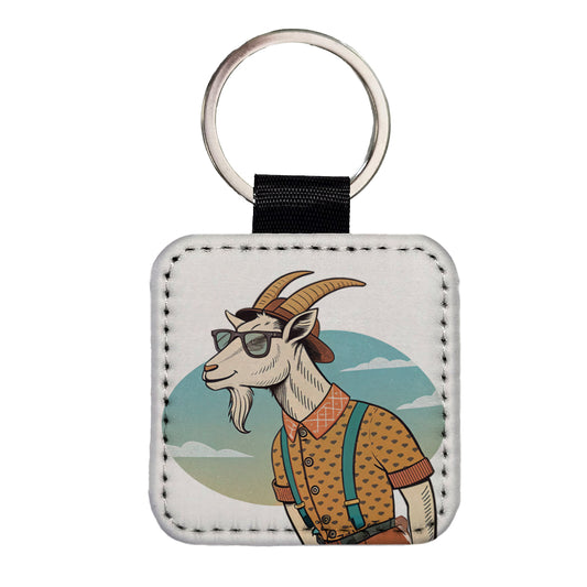 Cool Goat Wearing Sunglasses Retro Illustration Square Faux Leather Keychain
