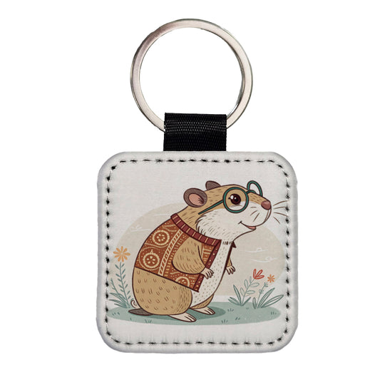 Cool Hamster Wearing Glasses Retro Illustration Cute Square Faux Leather Keychain