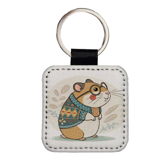 Cool Hamster Wearing Glasses Retro Illustration Square Faux Leather Keychain