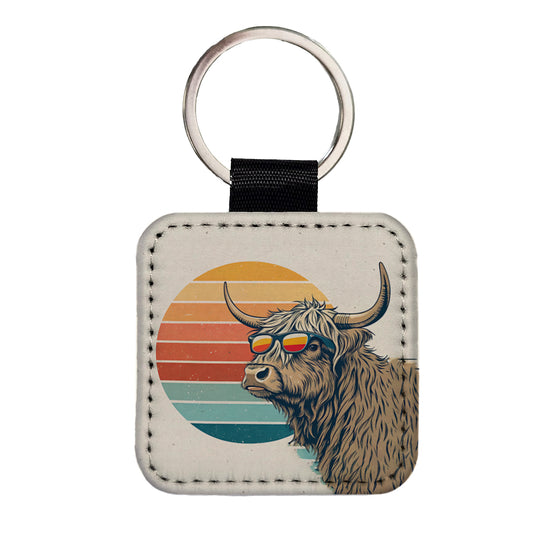 Cool Highland Cow Wearing Sunglasses Retro Illustration Square Faux Leather Keychain