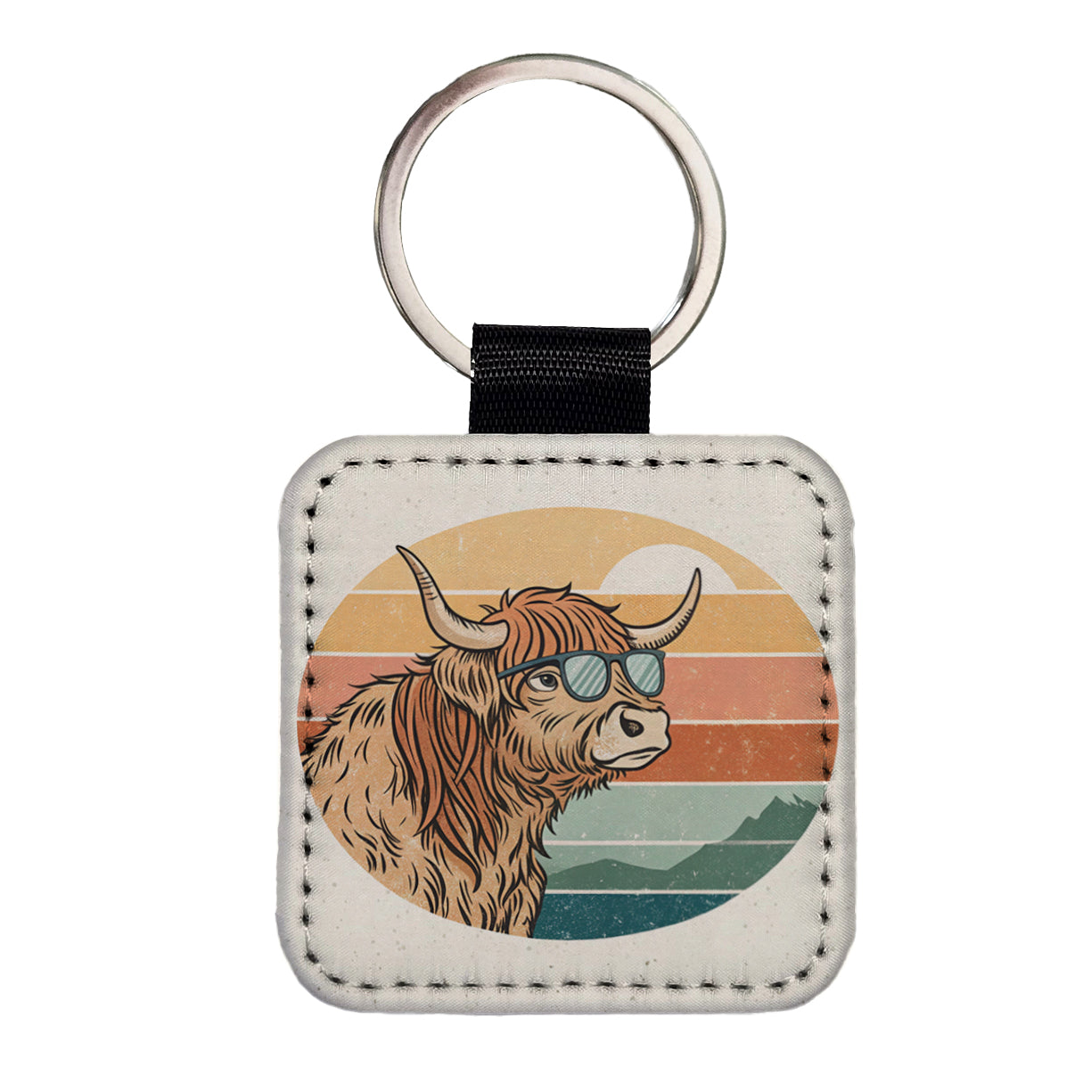 Cool Highland Cow Wearing Sunglasses Retro Square Faux Leather Keychain
