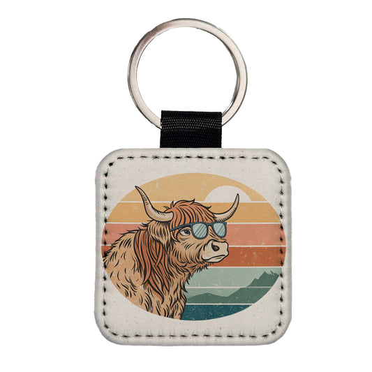 Cool Highland Cow Wearing Sunglasses Retro Square Faux Leather Keychain