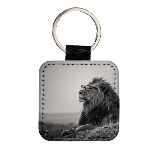 Cool Lion Wearing Glasses Black White Square Faux Leather Keychain