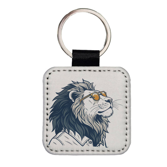 Cool Lion Wearing Glasses Minimalist Illustration Square Faux Leather Keychain