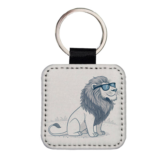 Cool Lion Wearing Sunglasses Minimalist Illustration Square Faux Leather Keychain