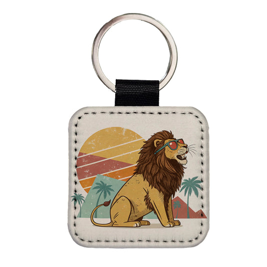 Cool Lion Wearing Sunglasses Retro Illustration Style Square Faux Leather Keychain