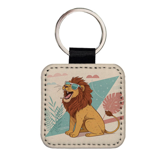Cool Lion Wearing Sunglasses Retro Illustration Square Faux Leather Keychain