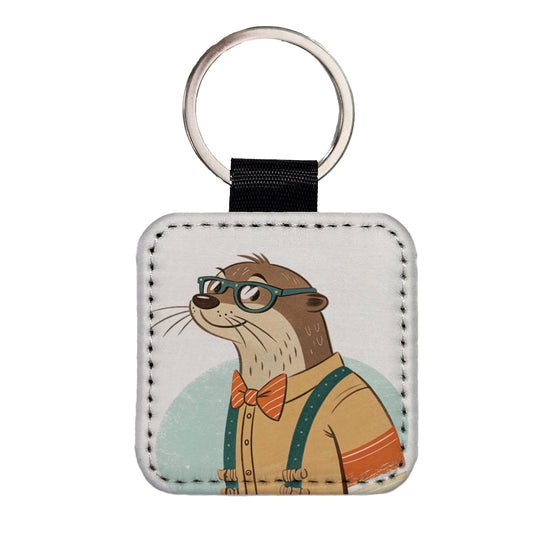 Cool Otter Wearing Glasses Retro Illustration Square Faux Leather Keychain