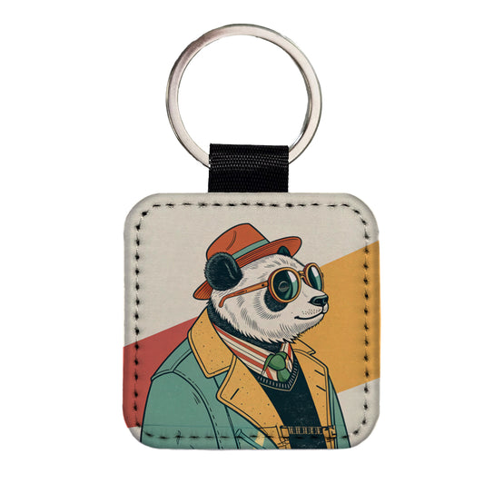 Cool Panda Wearing Glasses Retro Illustration Square Faux Leather Keychain