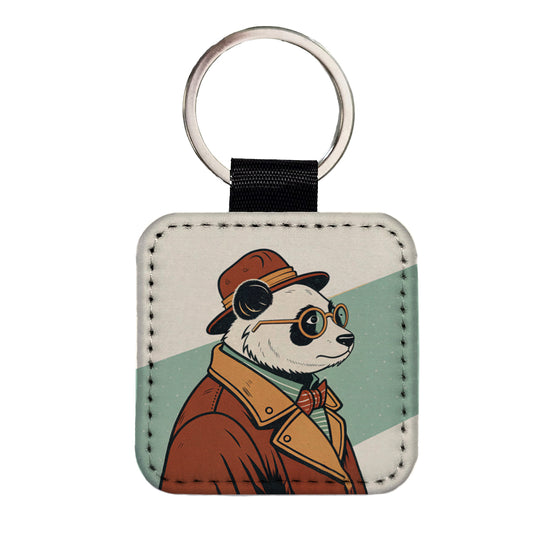 Cool Panda Wearing Glasses Retro Square Faux Leather Keychain