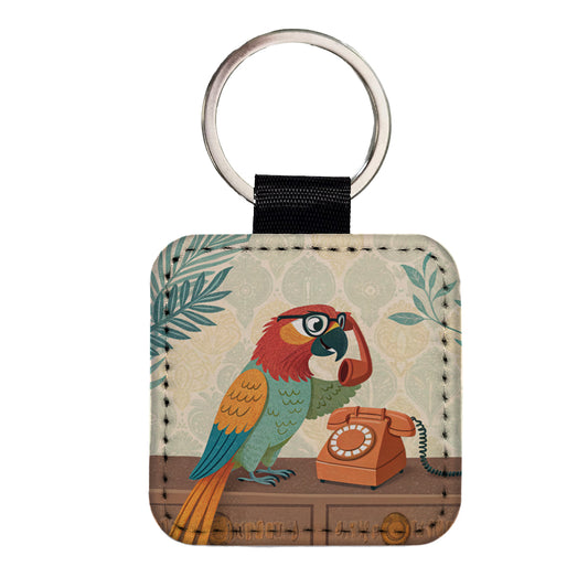 Cool Parrot Wearing Glasses Square Faux Leather Keychain