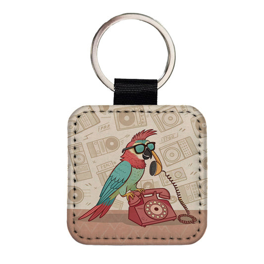 Cool Parrot Wearing Sunglasses Retro Illustration Square Faux Leather Keychain