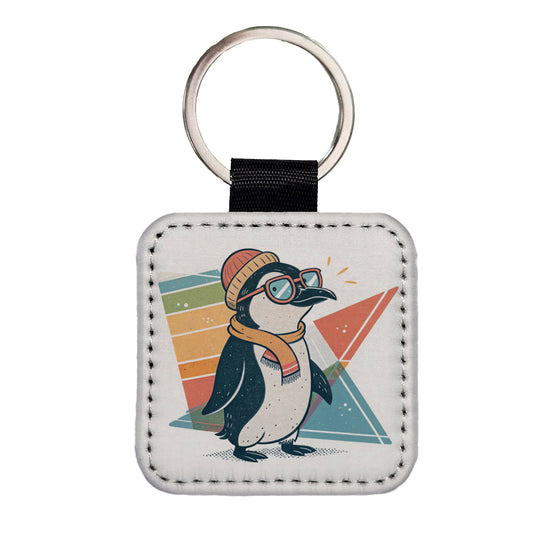 Cool Penguin Wearing Glasses Retro Square Faux Leather Keychain