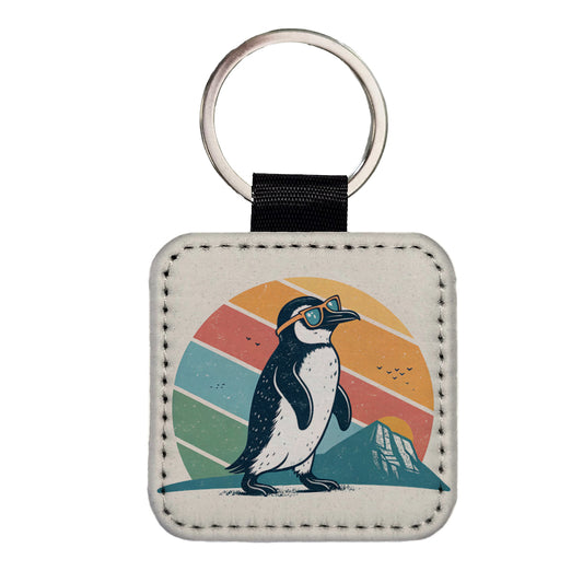 Cool Penguin Wearing Sunglasses Retro Illustration Square Faux Leather Keychain