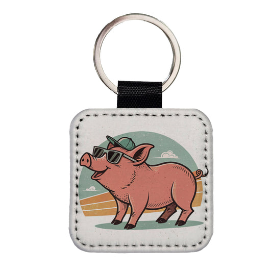 Cool Pig Wearing Sunglasses Retro Illustration Square Faux Leather Keychain
