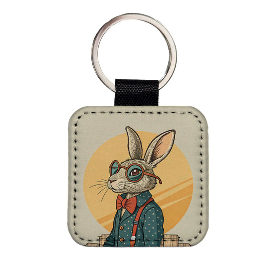Cool Rabbit Wearing Glasses Retro Square Faux Leather Keychain