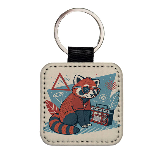 Cool Red Panda Wearing Glasses Retro Square Faux Leather Keychain
