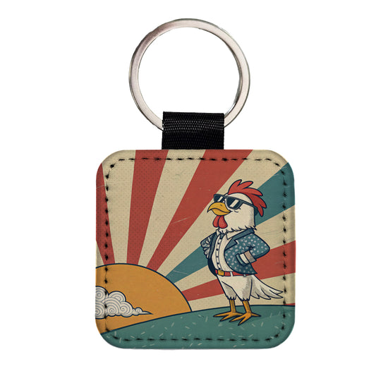 Cool Rooster Chicken Wearing Sunglasses Retro Illustration Square Faux Leather Keychain