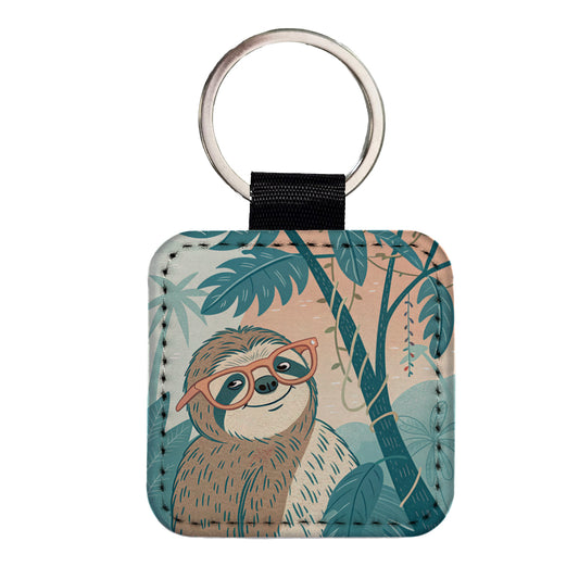 Cool Sloth Wearing Glasses Square Faux Leather Keychain