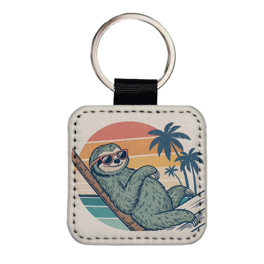 Cool Sloth Wearing Sunglasses Retro Illustration Square Faux Leather Keychain