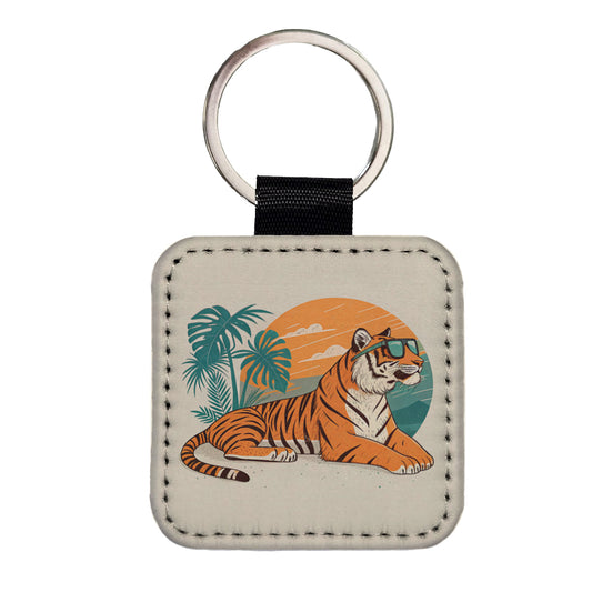 Cool Tiger Wearing Sunglasses Retro Illustration Square Faux Leather Keychain