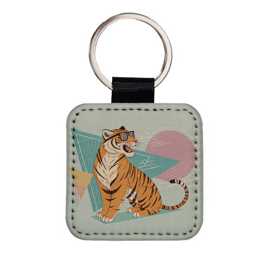 Cool Tiger Wearing Sunglasses Square Faux Leather Keychain