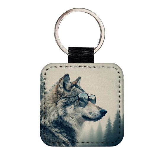 Cool Wolf Wearing Misty Woods Square Faux Leather Keychain