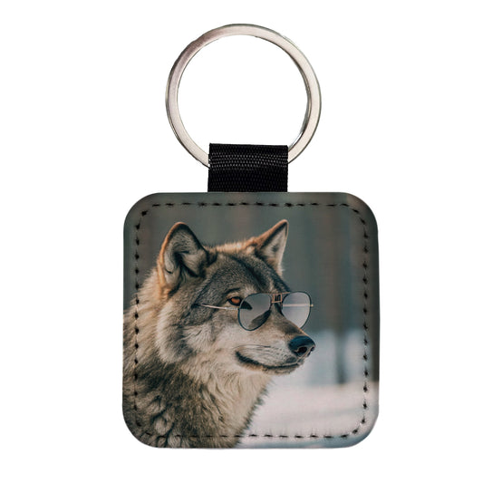 Cool Wolf Wearing Sunglasses Square Faux Leather Keychain