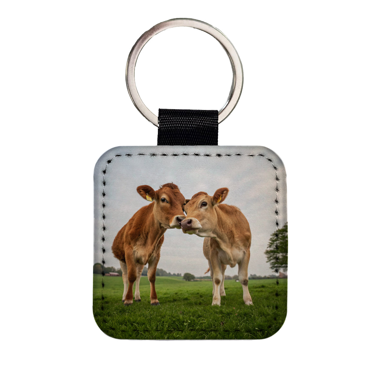 Cows Nuzzle Love Square Faux Leather Keychain