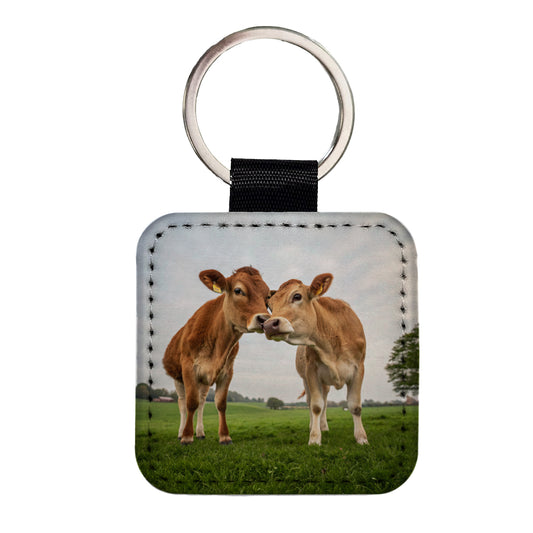 Cows Nuzzle Love Square Faux Leather Keychain