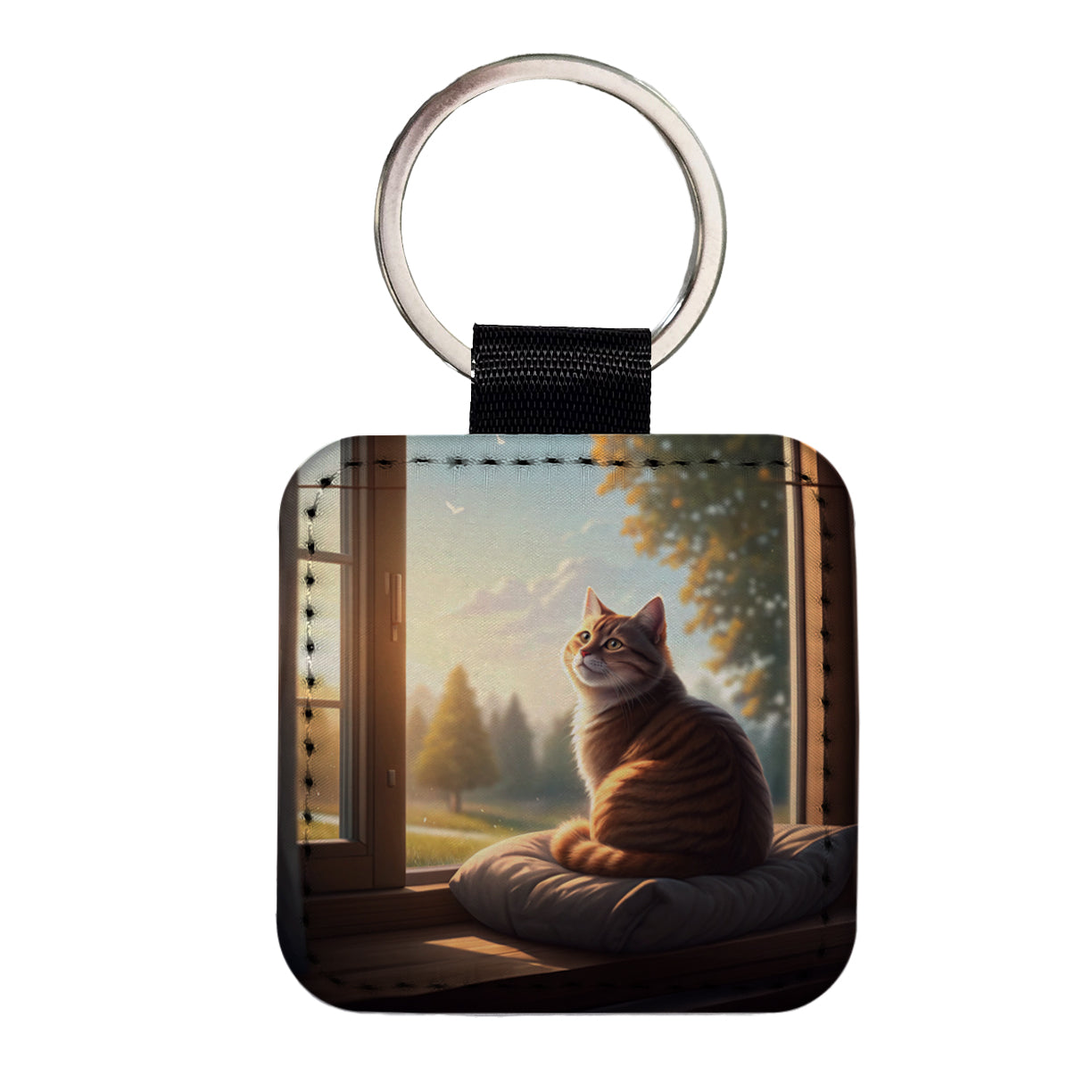 Cozy Cat In Window Square Faux Leather Keychain