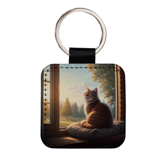 Cozy Cat In Window Square Faux Leather Keychain