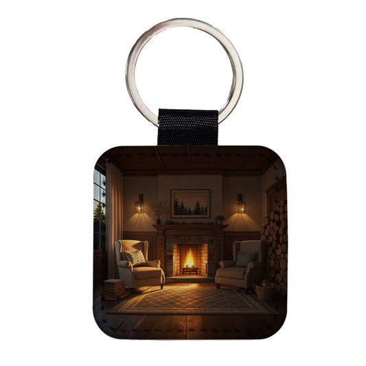 Cozy Fireplace Scene Square Faux Leather Keychain