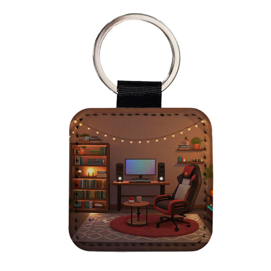 Cozy Gaming Setup Square Faux Leather Keychain