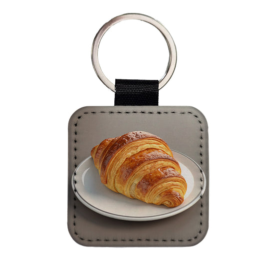 Croissant On Plate Square Faux Leather Keychain