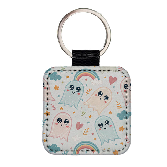 Cute Ghosts Hearts Rainbows Square Faux Leather Keychain