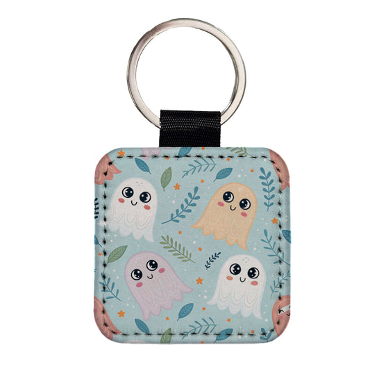 Cute Ghosts Illustration Square Faux Leather Keychain