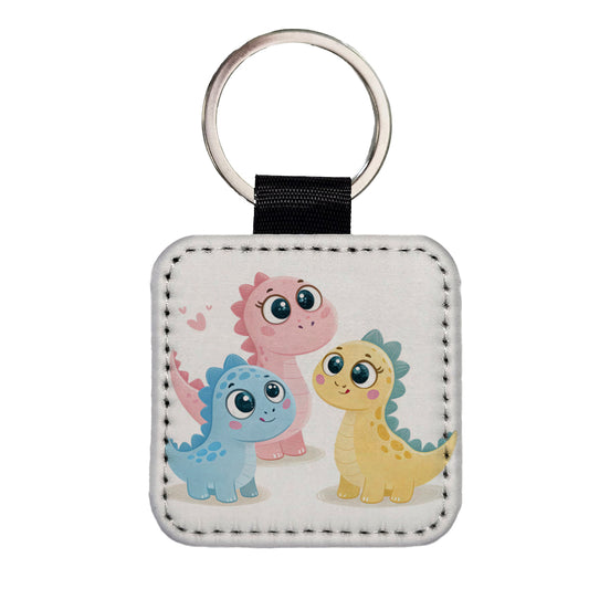 Cute Pastel Colored Cartoon Dinosaurs Big Eyes Square Faux Leather Keychain