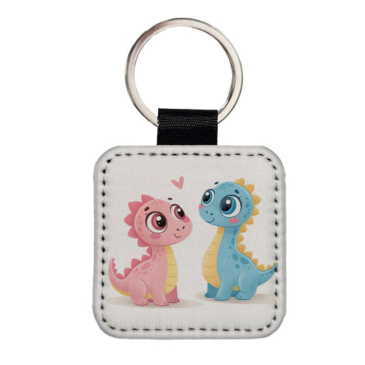 Cute Pastel Colored Cartoon Dinosaurs Square Faux Leather Keychain