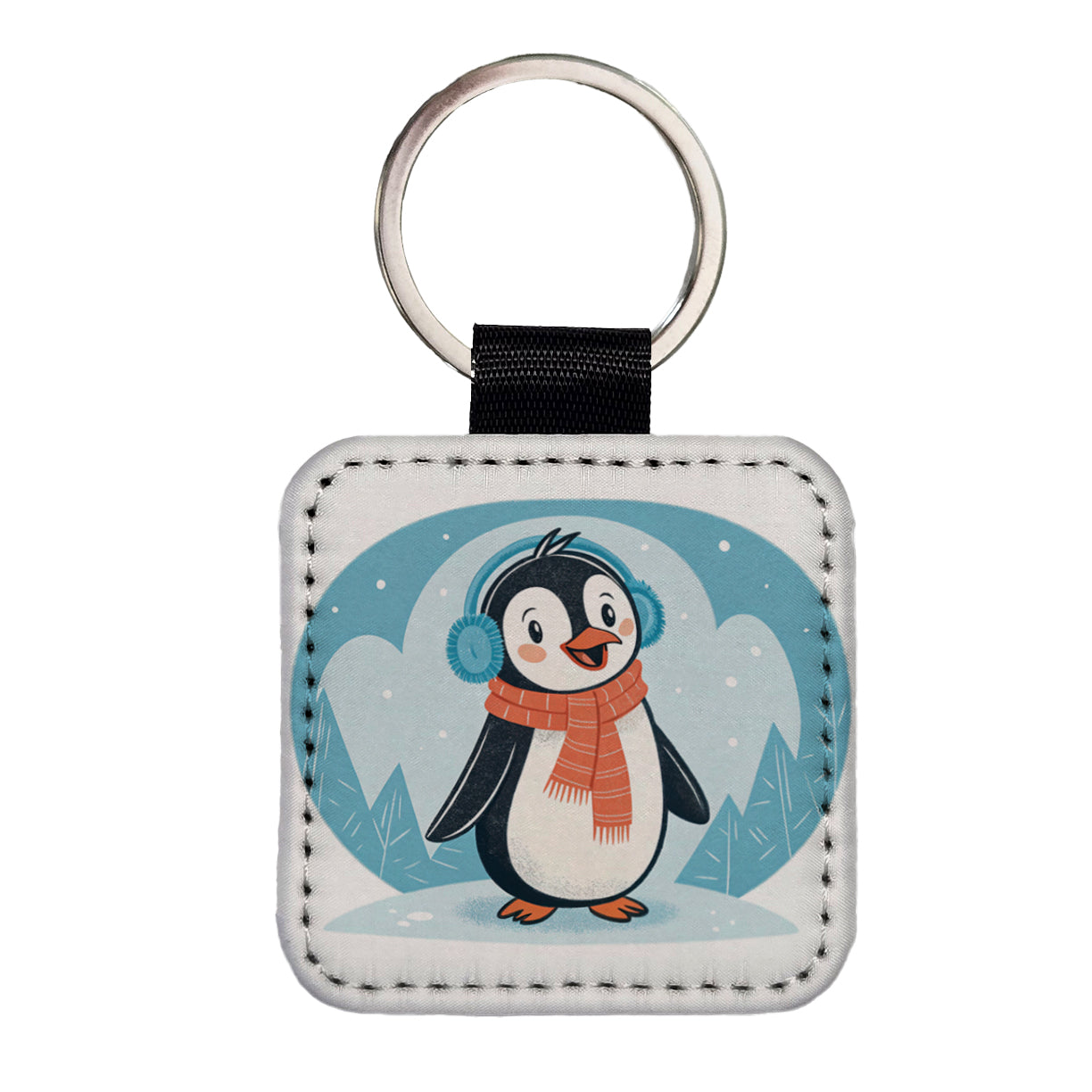 Cute Winter Penguin Scarf Square Faux Leather Keychain
